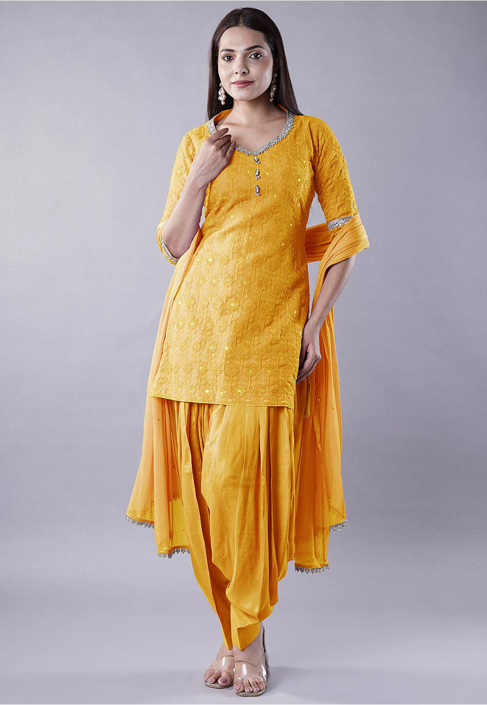 ワンピース Punjabi Dress mustard yellow a 3pc embroidered-georgette-punjabi-