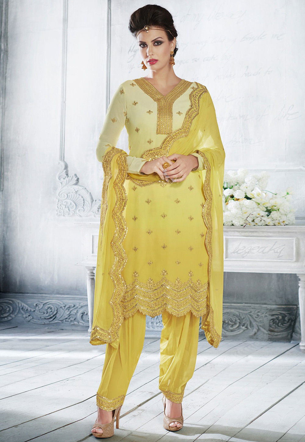 Embroidered Georgette Punjabi Suit in Yellow Ombre : KCH7179