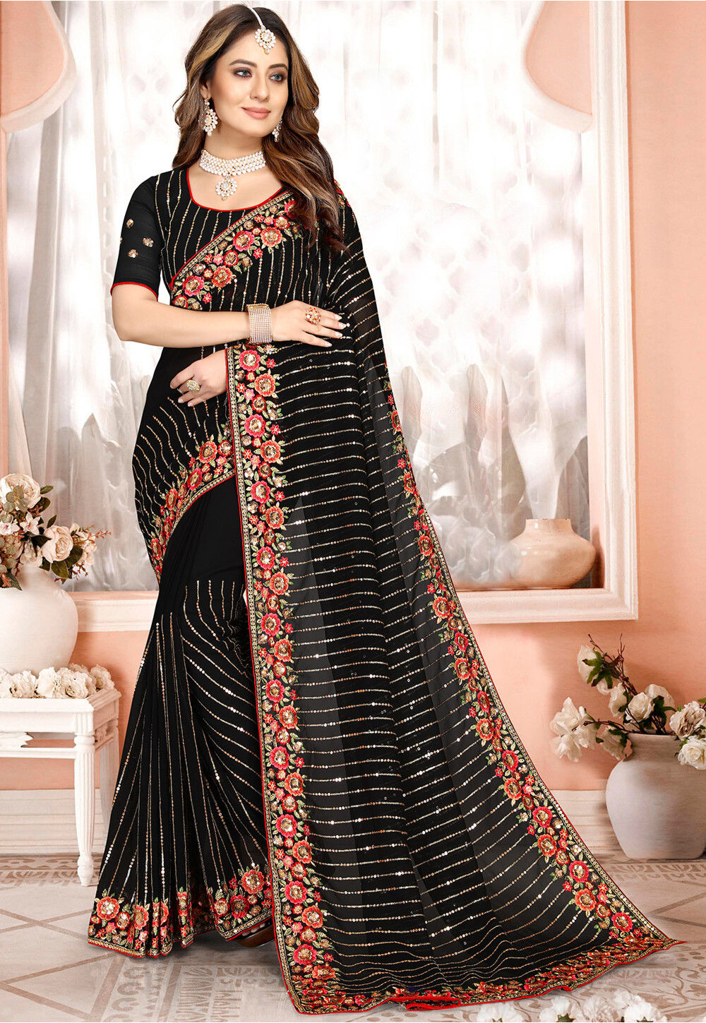 Buy Embroidered Georgette Saree In Black Online Scba3836 Utsav Fashion 