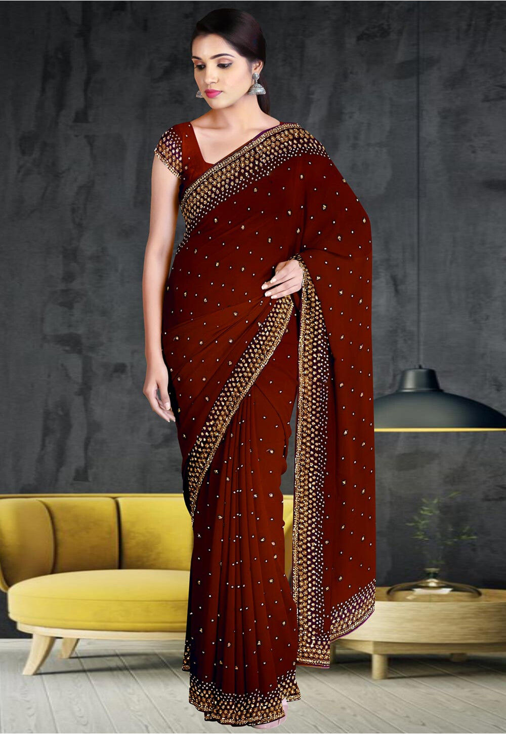 Buy Satrani Lycra Blend Brown Color Saree With Blouse Piece (Ready To Wear)  | sarees for Women| saree | sarees Online at Best Prices in India - JioMart.