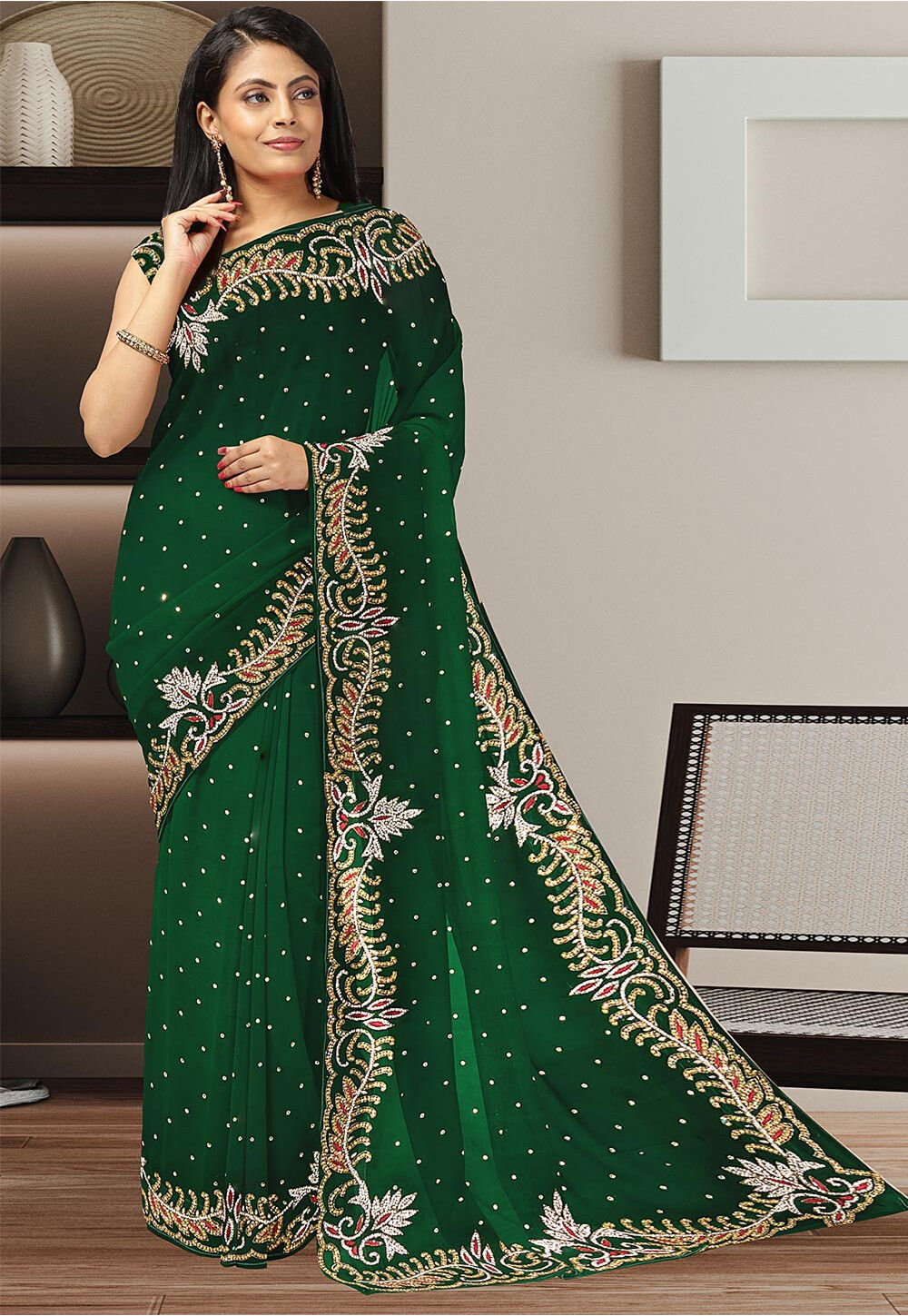 Printed Georgette Saree in Bottle Green - Ucchal Fashion