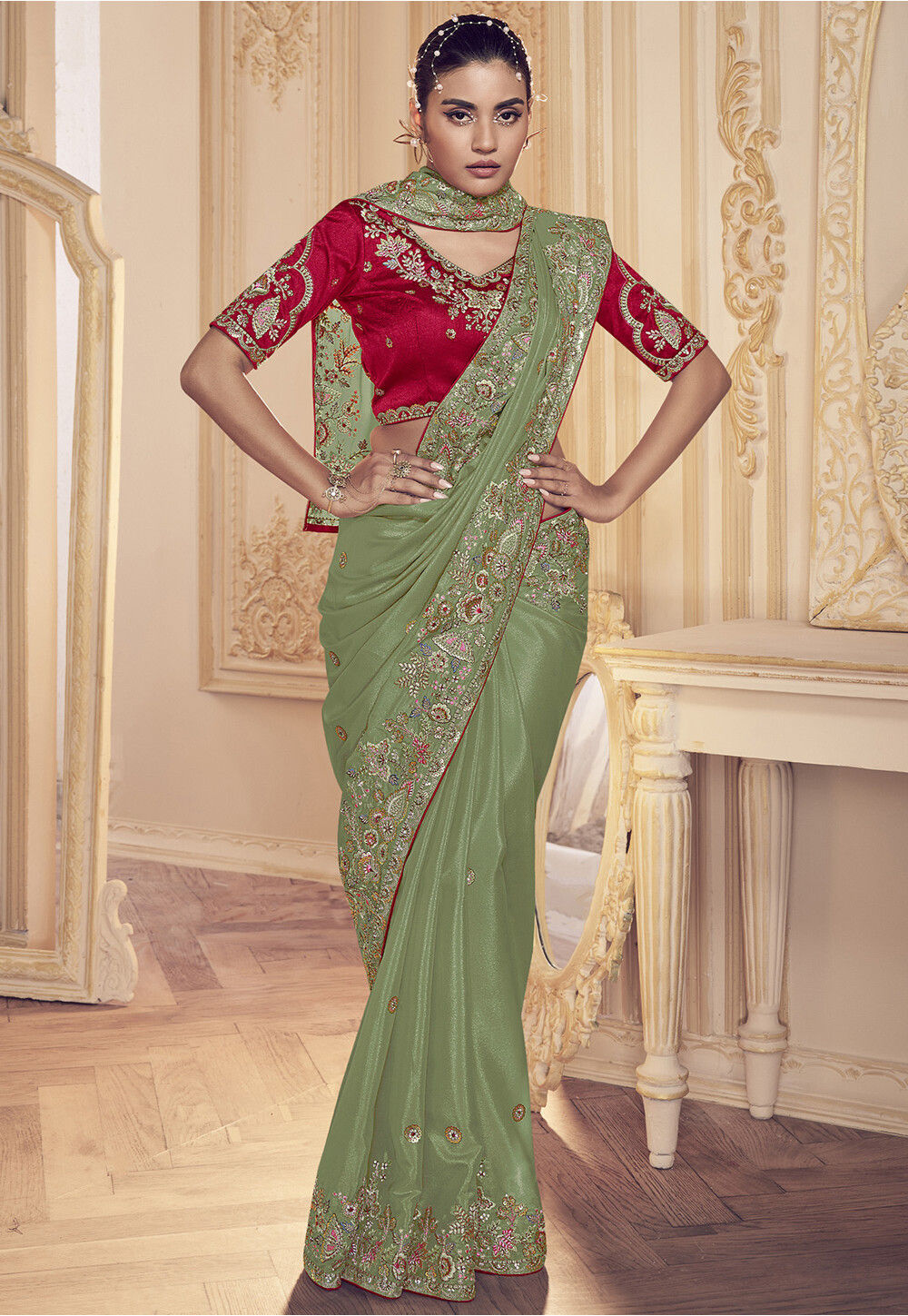 Vistavelle Olive Green Chiffon Embroidered Saree