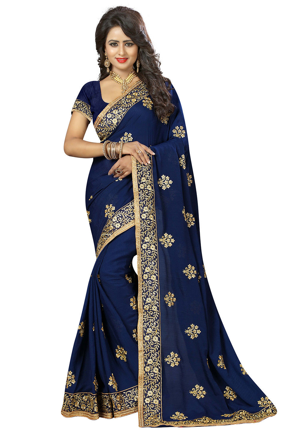 Indian NavyBlue Resham Zari Embroidery Bollywood Sari Georgette Party Wear Saree 