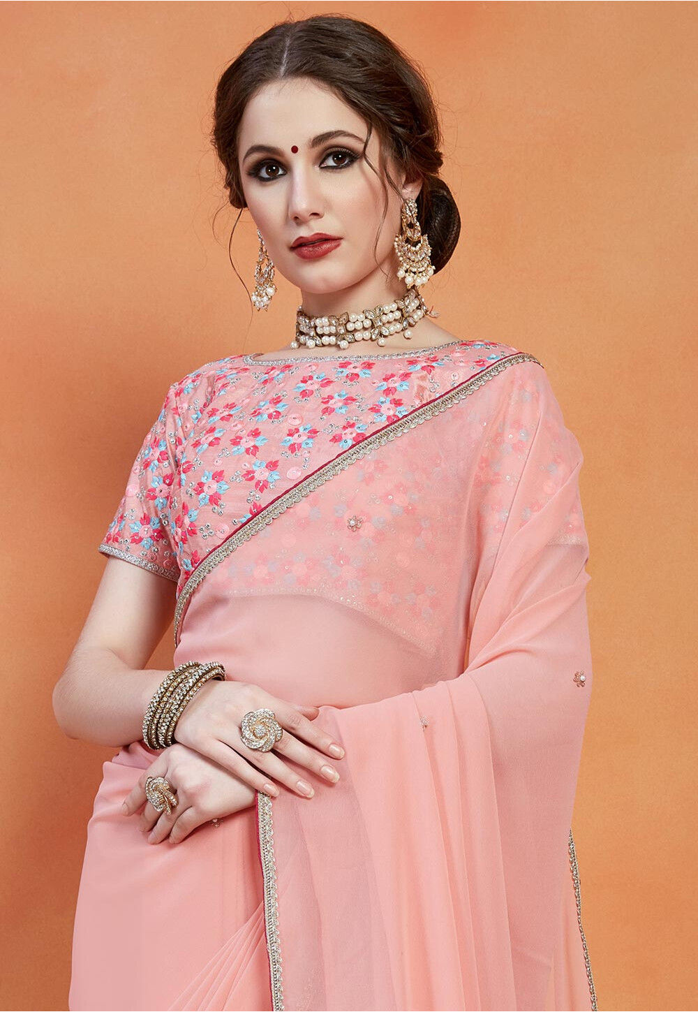 Embroidered Georgette Saree In Peach Syc10804