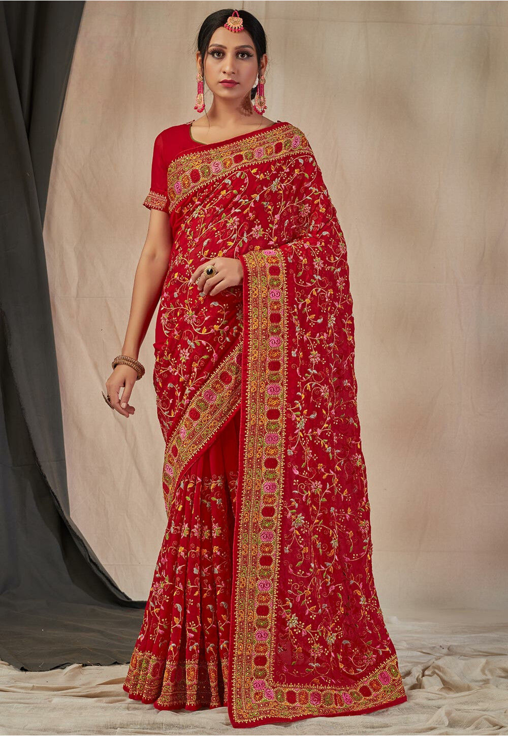 Embroidered Georgette Saree in Red : SCBA3331