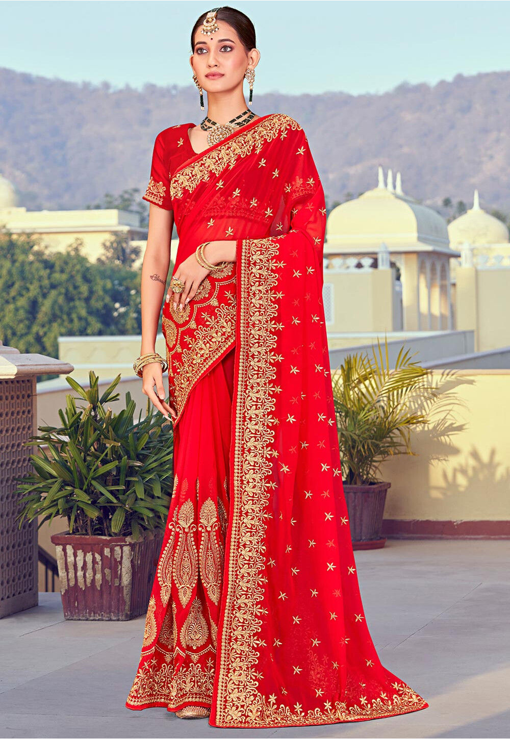 Scarlet Red Sequins & Thread Embroidered Designer Georgette Saree – Ethnos