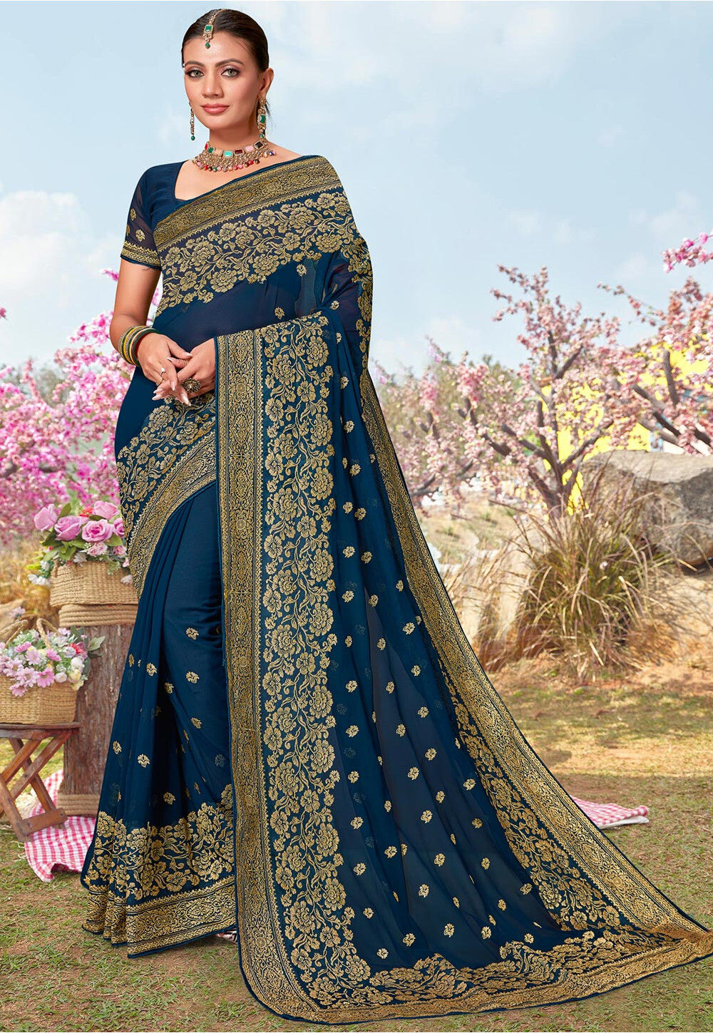 Buy Embroidered Georgette Saree in Teal Blue Online : SCBA4992 - Utsav Fashion