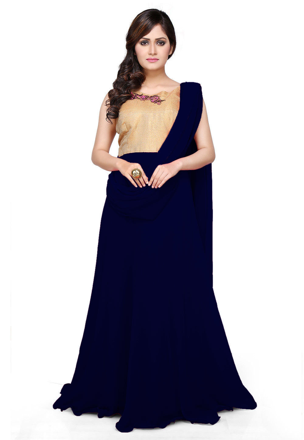 Buy Peach Viscose Georgette Round Embroidered Pre-draped Saree Gown For  Women by Mandira Wirk Online at Aza Fashions.