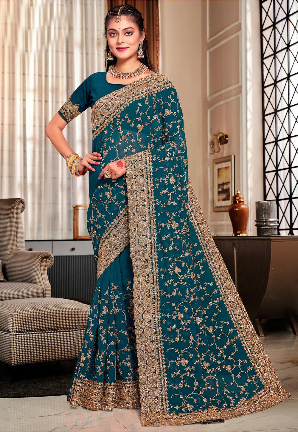 Teal Blue Ocean Glow Embroidered Saree