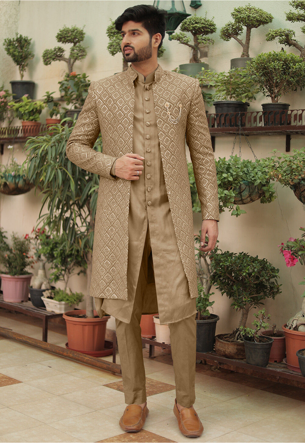 Embroidered Georgette Sherwani in Dark Beige - Main Image