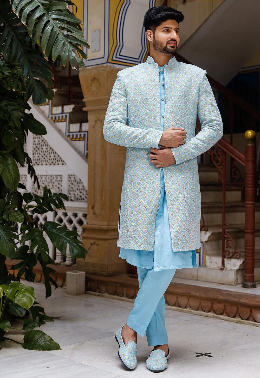 Buy Embroidered Georgette Sherwani in Light Blue Online MTE847 Utsav Fashion
