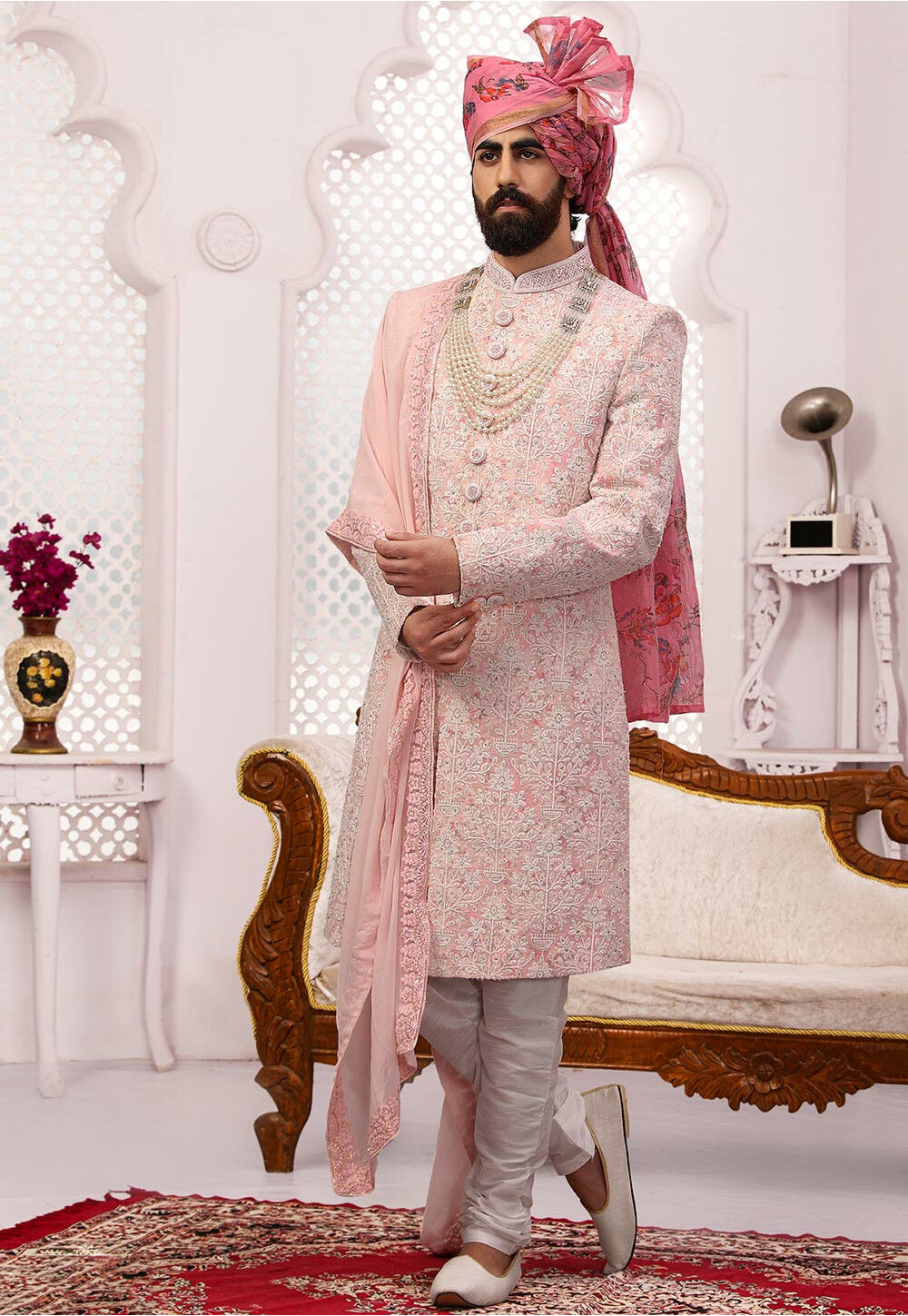 Peach Colour Silk Fabric Mens Wedding Sherwani.