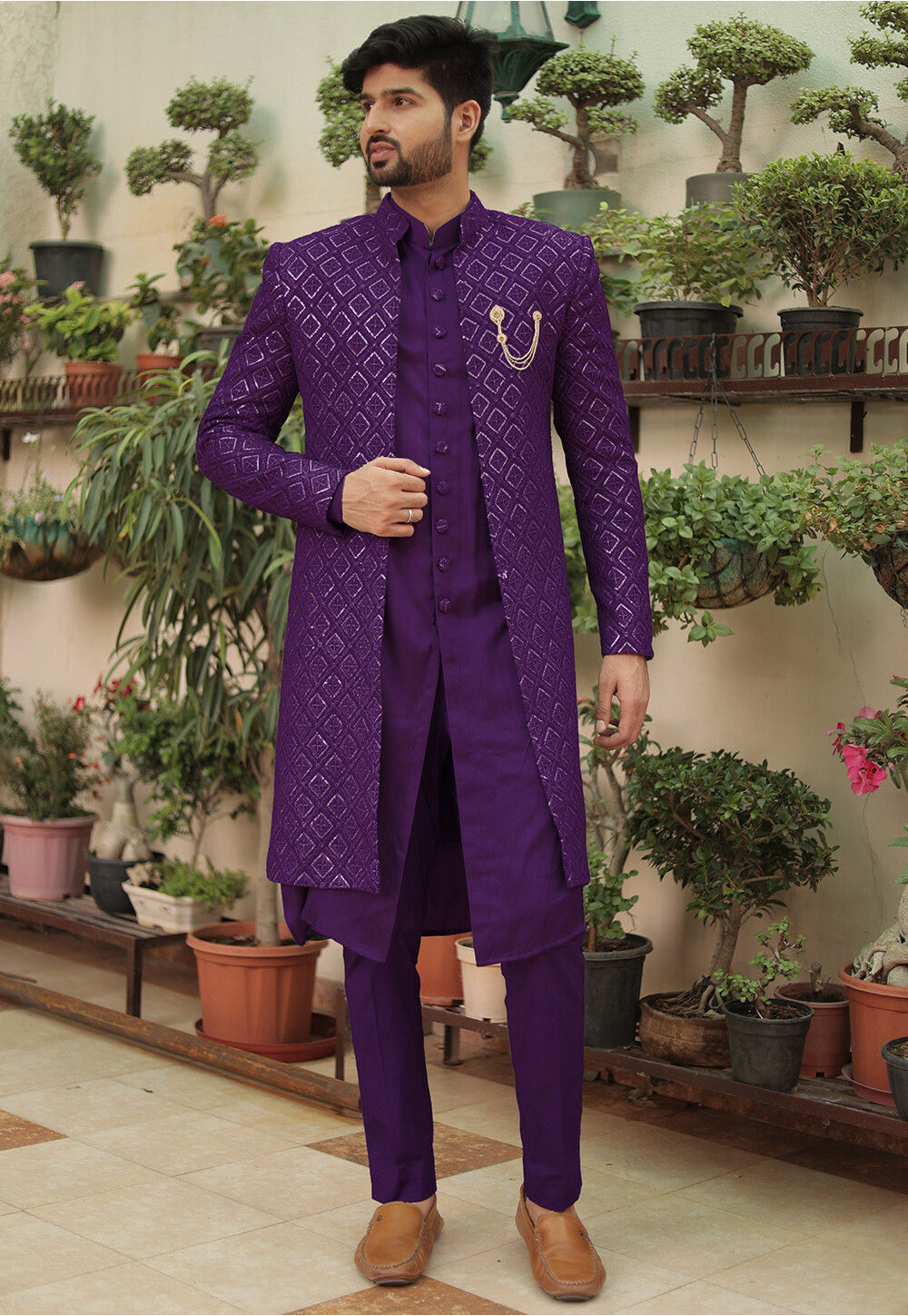 Buy Embroidered Georgette Sherwani in Purple Online MTE2146