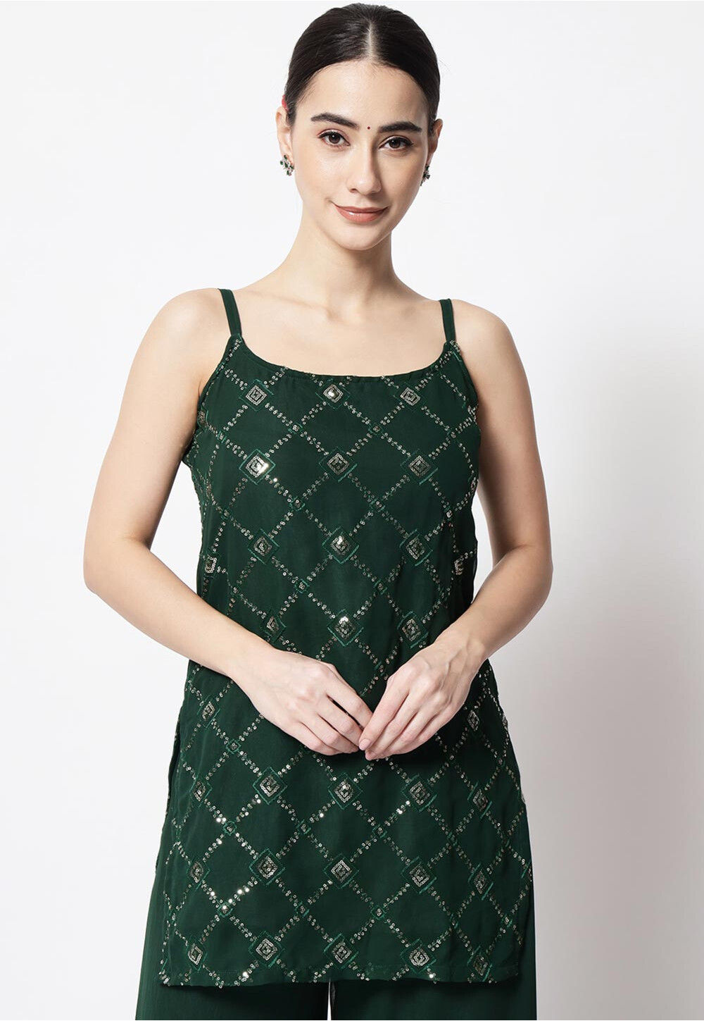 Green Square Neck Solid Georgette Straight Sleeveless Kurti For Women &  Girls