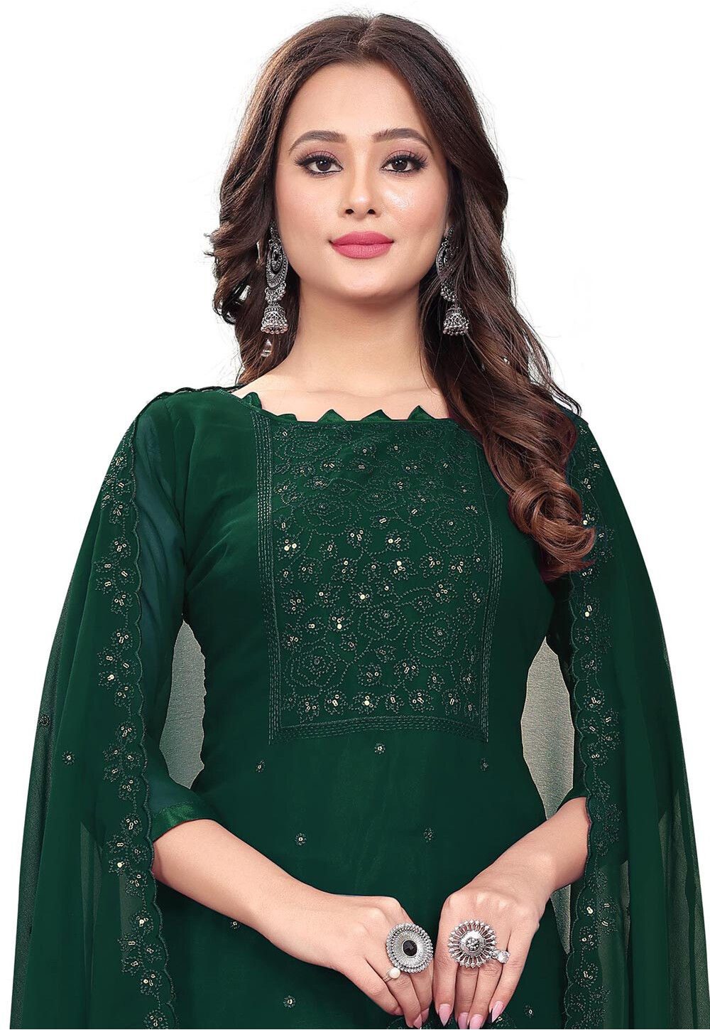 Green Embroidered Poly Georgette Straight Suit Set