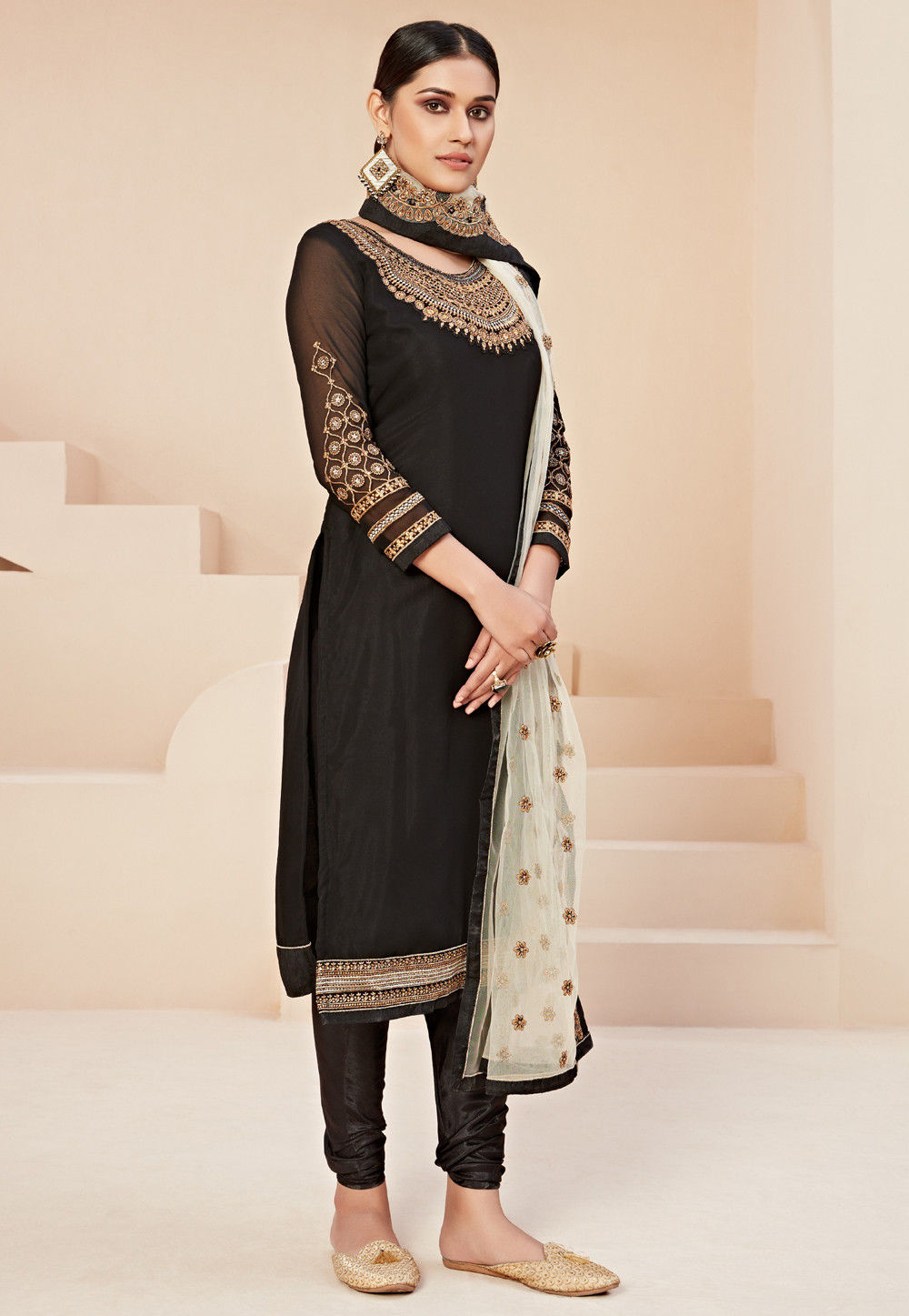 Embroidered Georgette Straight Suit in Black : KCH5492