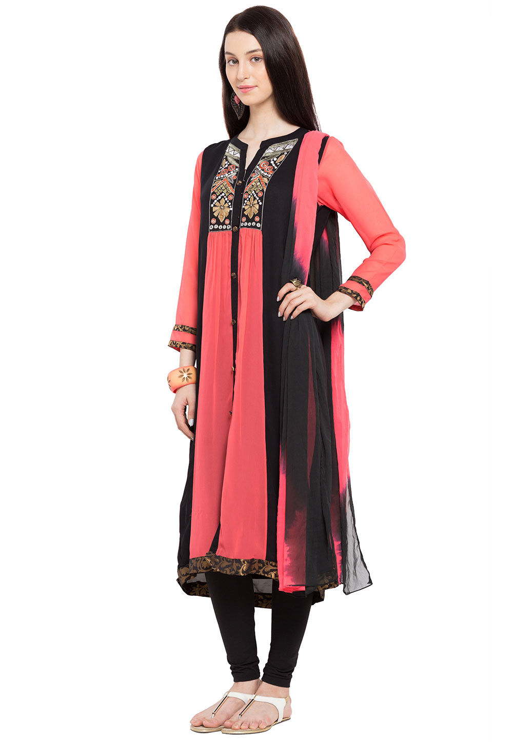 Peach Embroidered Poly Georgette Straight Suit Set