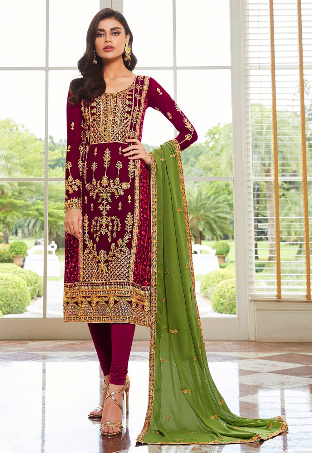 Buy Embroidered Georgette Straight Suit in Wine Online : KCH4090 ...