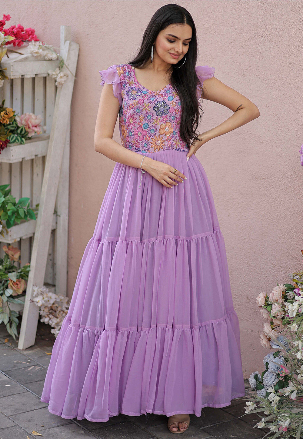 Buy Embroidered Georgette Tiered Dress in Light Purple Online : TWJ4849 ...