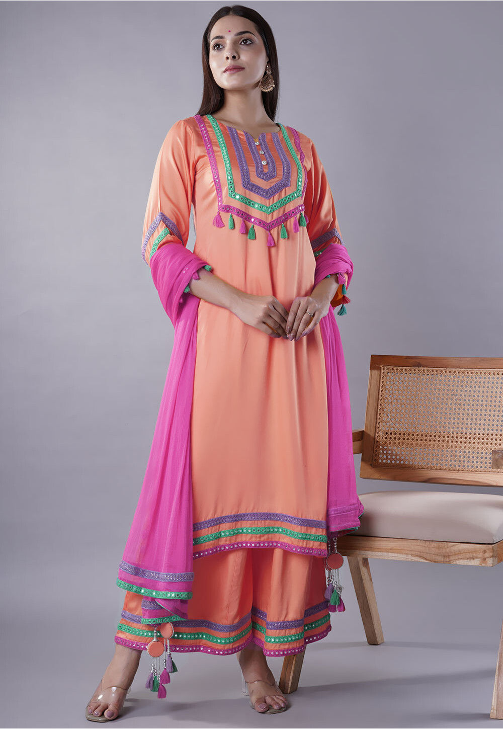 Embroidered Modal Satin Pakistani Suit in Peach Pink Salwar Kameez