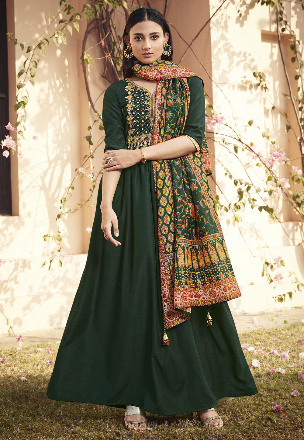 Embroidered Muslin Silk Abaya Style Suit in Green : KCH5812