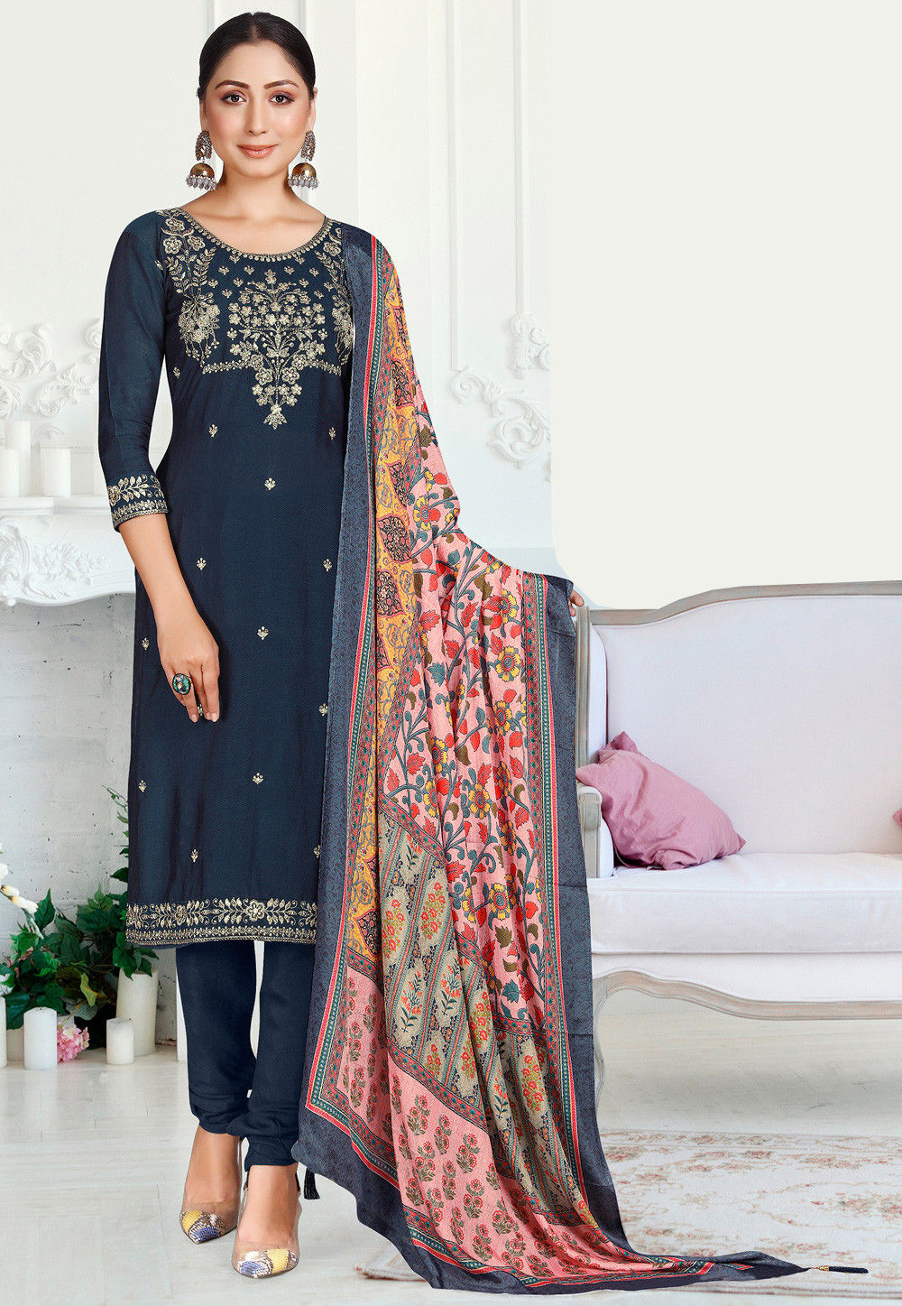 Embroidered Muslin Silk Straight Suit in Navy Blue : KCH7087