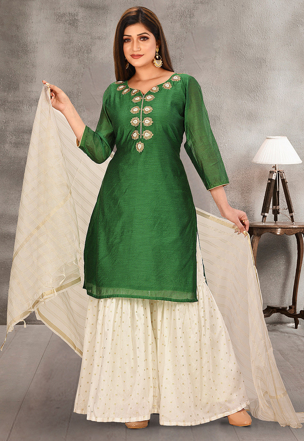 Buy Embroidered Neckline Chanderi Cotton Pakistani Suit in Green Online ...