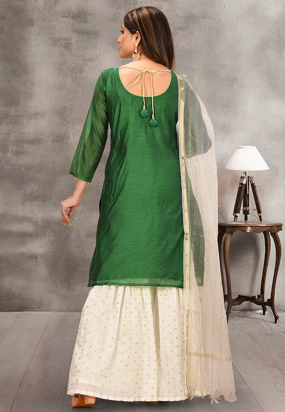 Embroidered Neckline Chanderi Cotton Pakistani Suit in Green : KBX59