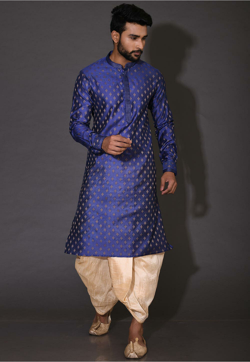 Embroidered Neckline Cotton Silk Dhoti Kurta in Royal Blue MLC1737