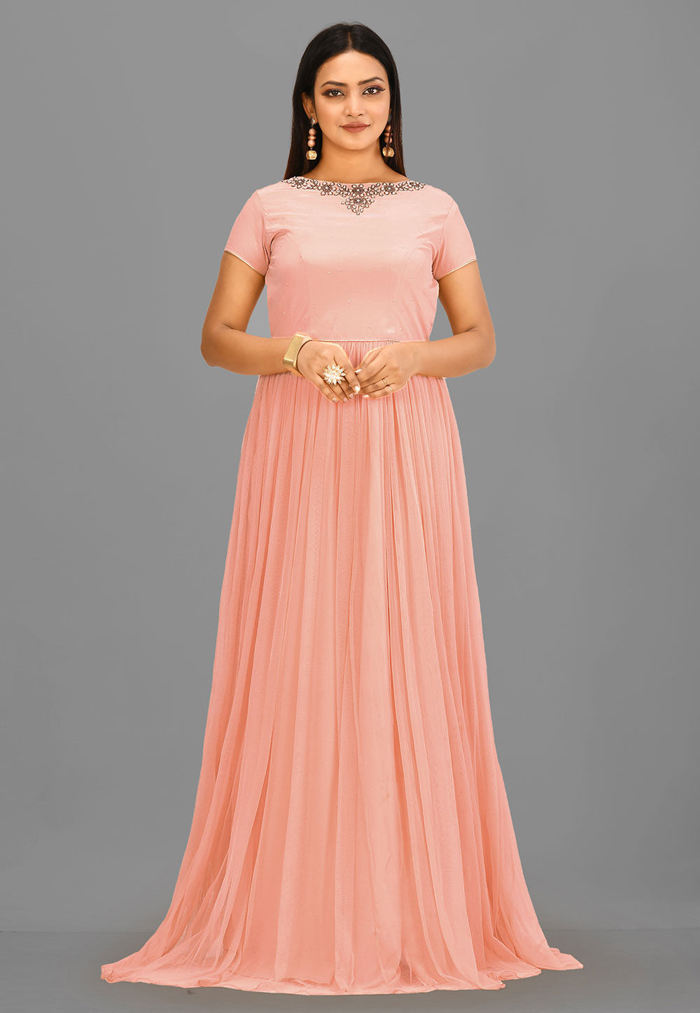 Peach Color Net Embroidered Gown