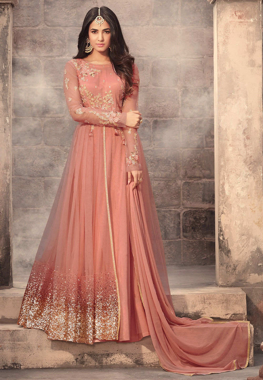 embroidered net abaya style suit in peach