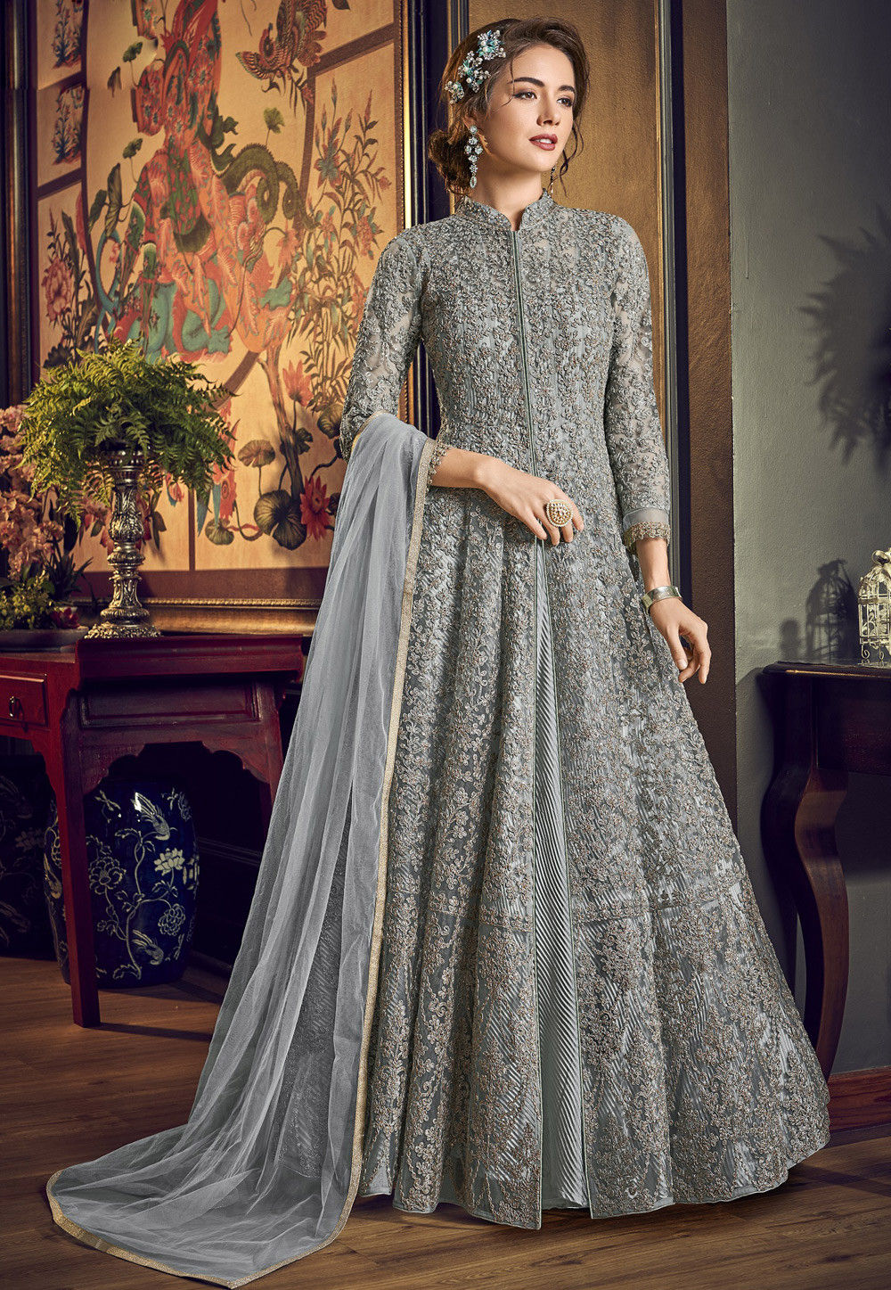 Embroidered Net Abaya Style Suit in Dusty Blue : KCH5323