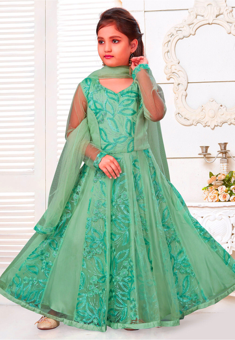Embroidered Net Abaya Style Suit in Dusty Green : UND788