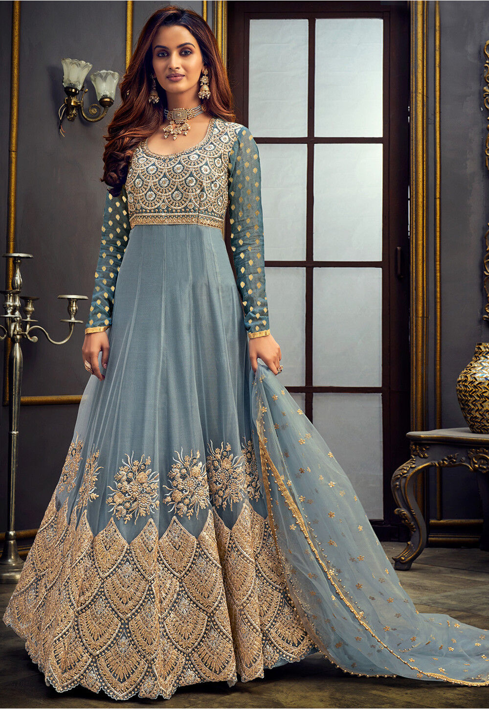 Embroidered Net Abaya Style Suit in Grey : KCH6322