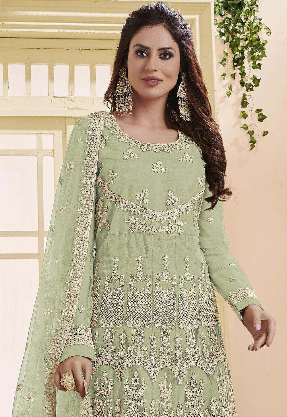 Embroidered Net Abaya Style Suit in Light Green : KCH8791