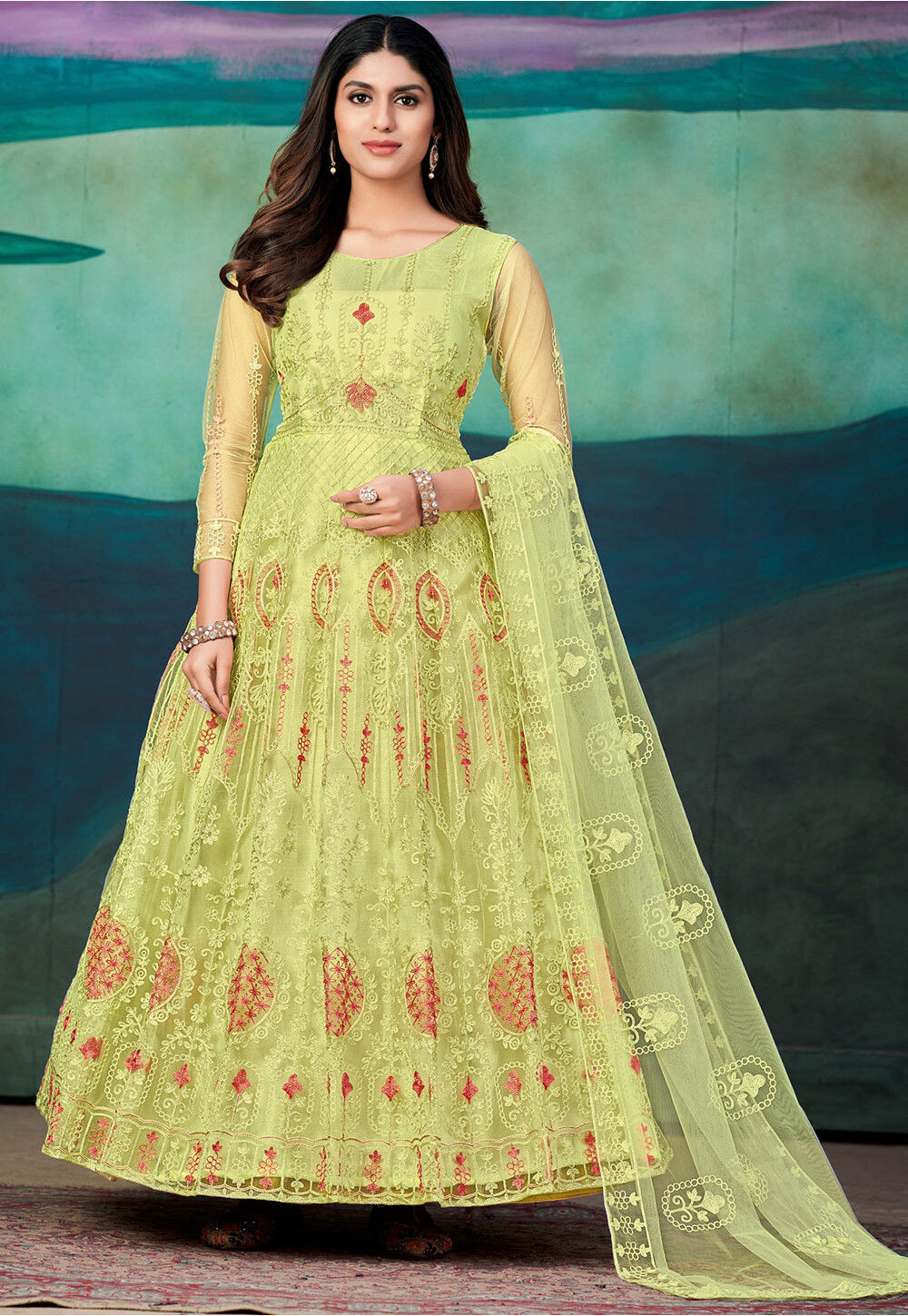 Buy Embroidered Net Abaya Style Suit In Light Green Online Kgj127 Utsav Fashion 1738