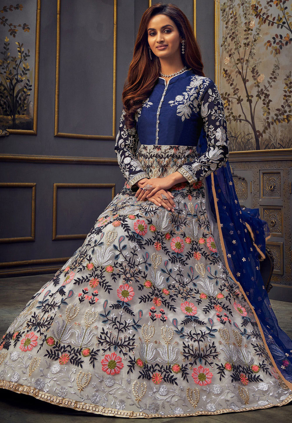 Embroidered Net Abaya Style Suit in Light Grey and Navy Blue : KCH6325