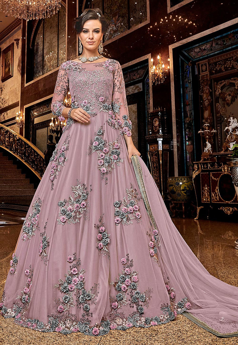 Embroidered Net Abaya Style Suit in Lilac