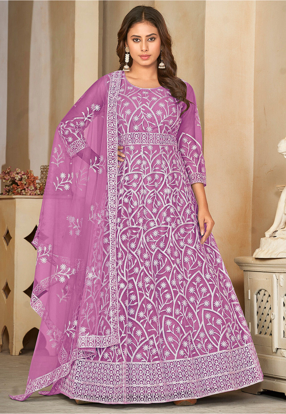Embroidered Net Abaya Style Suit in Purple