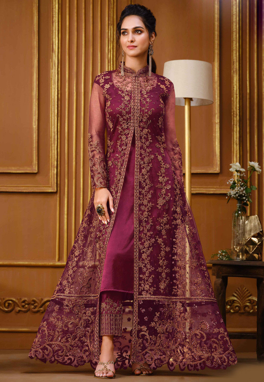 Embroidered Net Abaya Style Suit in Magenta : KCH7788