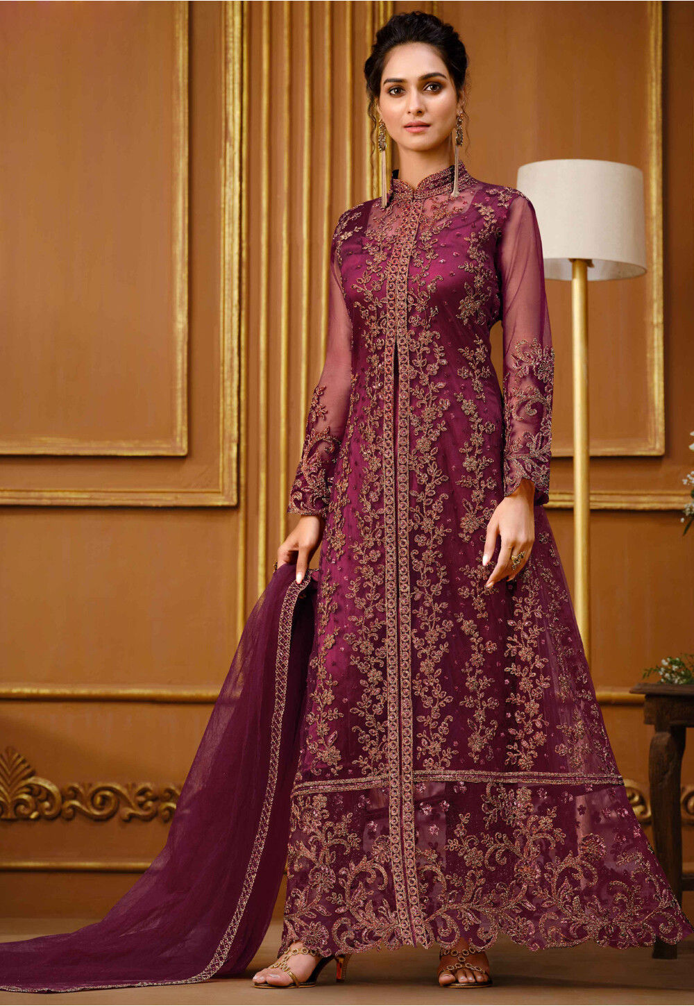 Embroidered Net Abaya Style Suit in Magenta : KUF15889