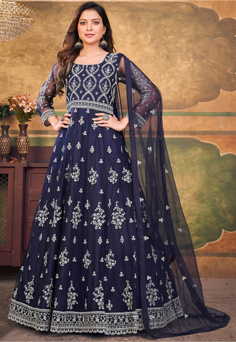 Embroidered Net Abaya Style Suit in Navy Blue Blue Salwar Kameez