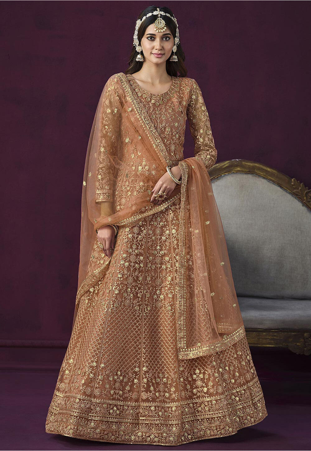 Burnt Orange Embroidered Pleat Abaya