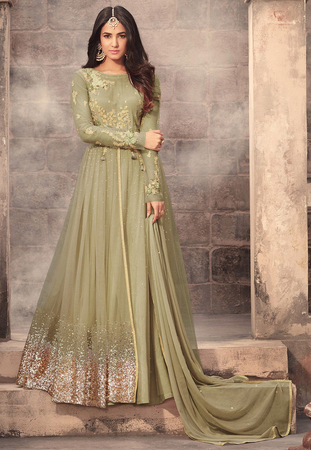 Embroidered Net Abaya Style Suit in Pastel Green : KCH1053