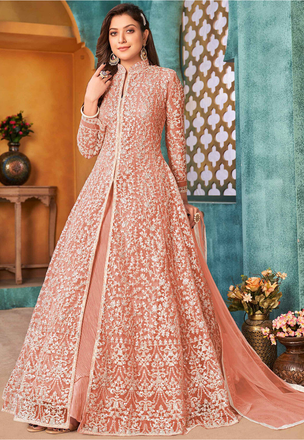 Embroidered net abaya style suit in peach store