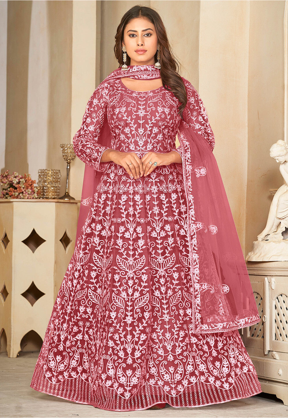 Buy Embroidered Net Abaya Style Suit in Peach Online KGJ156 Utsav Fashion