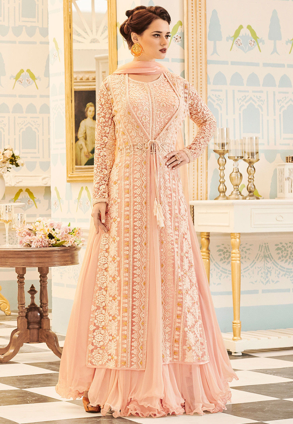 Embroidered net abaya style suit in peach outlet