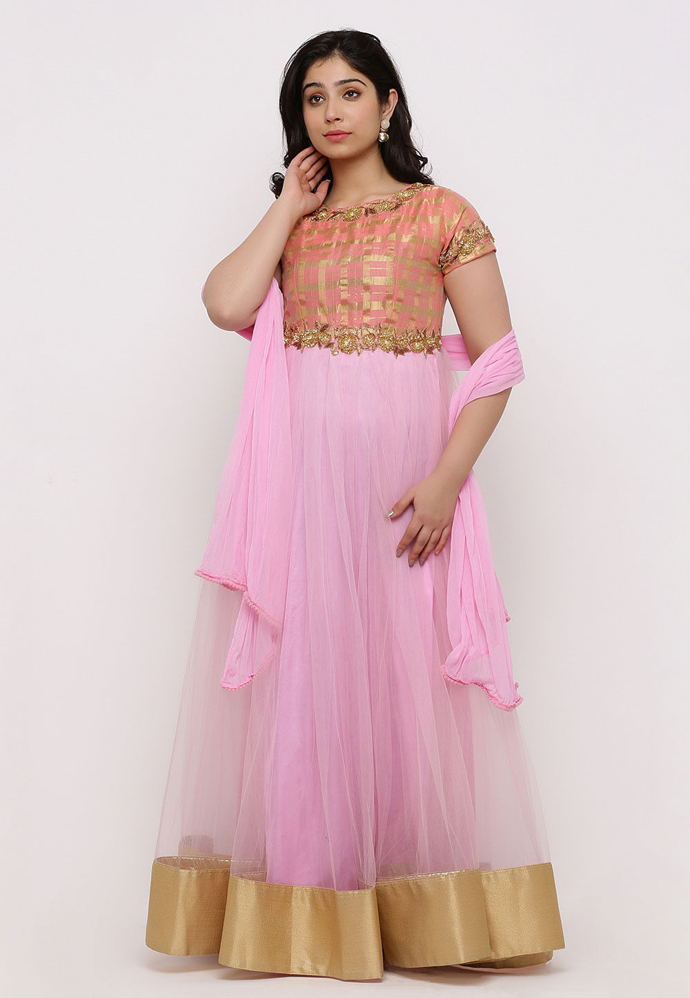 Embroidered Net Abaya Style Suit in Pink and Peach Pink Salwar Kameez