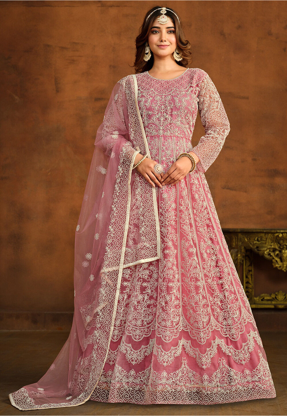 Embroidered Net Abaya Style Suit in Pink Pink Salwar Kameez