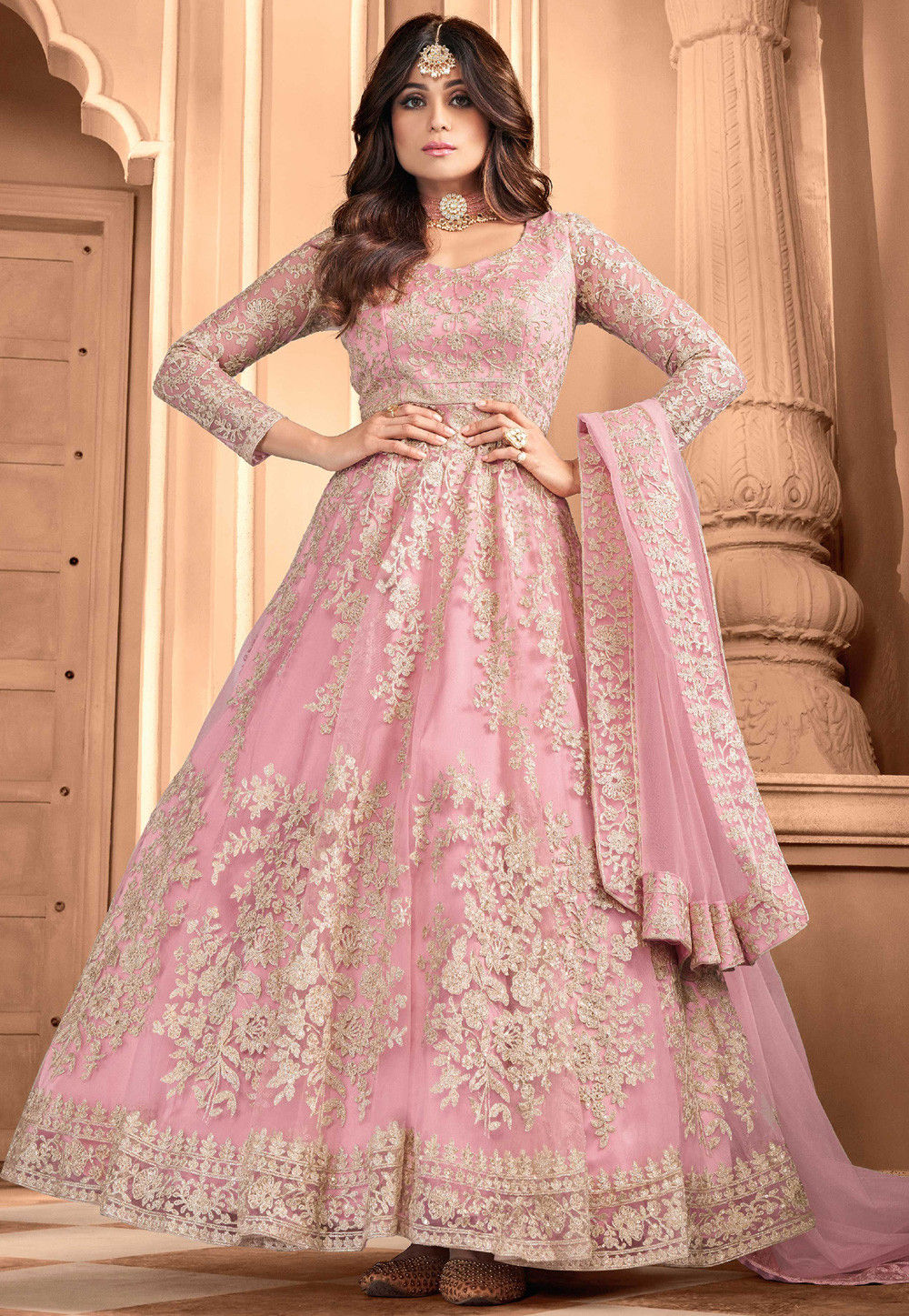 Pink net abaya sales style anarkali suit